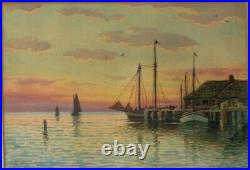 T. BAILEY Painting Harbor Scene Sunset Seascape Sailboats Boats Ships Paskell
