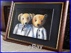 Teddy Bears Original Oil Painting On Canvas Vintage Signed UK Artist Framed 46cm