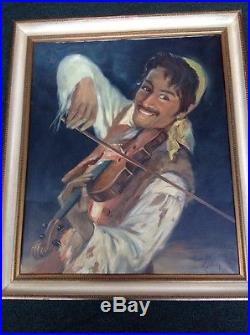 Tissot Signed Vintage Mid Century c1950s Painting GYPSY Fiddler Man