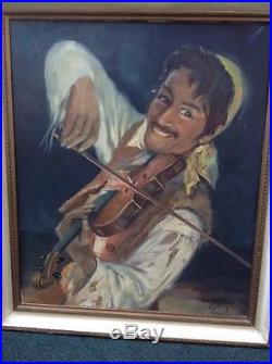 Tissot Signed Vintage Mid Century c1950s Painting GYPSY Fiddler Man