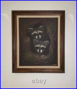 Trio Of Little Raccoons In A Tree By Amadio Signed Original Vtg Painting READ