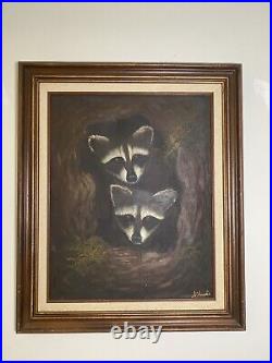 Trio Of Little Raccoons In A Tree By Amadio Signed Original Vtg Painting READ