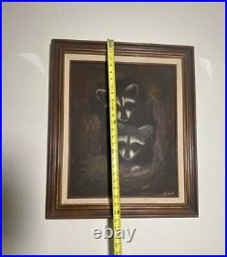 Trio Of Little Raccoons In A Tree By Amadio Signed Original Vtg Painting READ