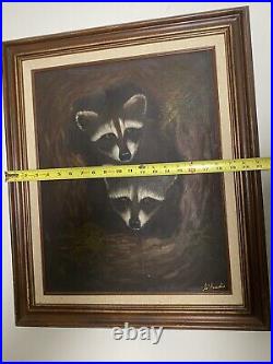 Trio Of Little Raccoons In A Tree By Amadio Signed Original Vtg Painting READ