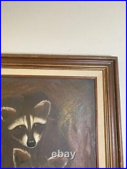 Trio Of Little Raccoons In A Tree By Amadio Signed Original Vtg Painting READ