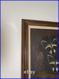 Trio Of Little Raccoons In A Tree By Amadio Signed Original Vtg Painting READ