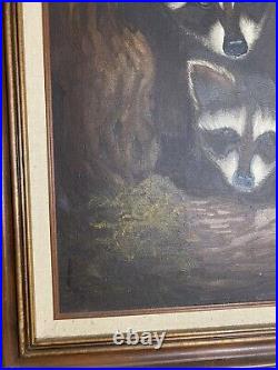Trio Of Little Raccoons In A Tree By Amadio Signed Original Vtg Painting READ