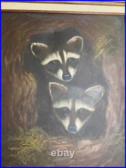 Trio Of Little Raccoons In A Tree By Amadio Signed Original Vtg Painting READ