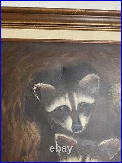 Trio Of Little Raccoons In A Tree By Amadio Signed Original Vtg Painting READ