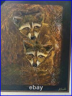 Trio Of Little Raccoons In A Tree By Amadio Signed Original Vtg Painting READ