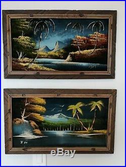 Two Black Velvet Paintings Tiki Bar Tropical Polynesian Hawaiian Framed Vintage