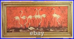 VGUC+ Vintage Artist Signed South Asian Flamingoes Batik in Gilded Wood Frame