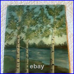 VINTAGE 50s birch lake landscape hand painted original oil PAINTING by Hawking