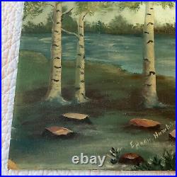 VINTAGE 50s birch lake landscape hand painted original oil PAINTING by Hawking