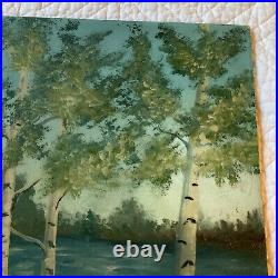 VINTAGE 50s birch lake landscape hand painted original oil PAINTING by Hawking