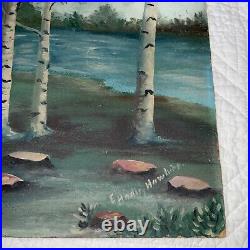 VINTAGE 50s birch lake landscape hand painted original oil PAINTING by Hawking