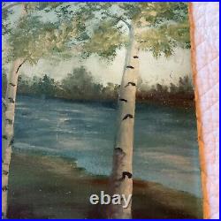 VINTAGE 50s birch lake landscape hand painted original oil PAINTING by Hawking