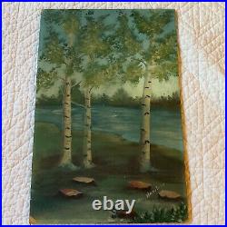 VINTAGE 50s birch lake landscape hand painted original oil PAINTING by Hawking