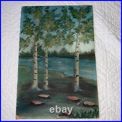 VINTAGE 50s birch lake landscape hand painted original oil PAINTING by Hawking