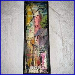 VINTAGE 60s abstract original hand painted oil PAINTING bright Paris street pink