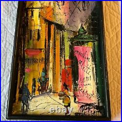 VINTAGE 60s abstract original hand painted oil PAINTING bright Paris street pink