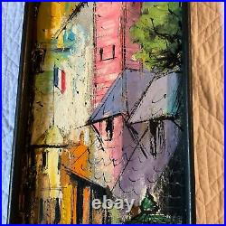 VINTAGE 60s abstract original hand painted oil PAINTING bright Paris street pink