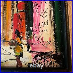 VINTAGE 60s abstract original hand painted oil PAINTING bright Paris street pink