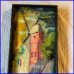 VINTAGE 60s abstract original hand painted oil PAINTING bright Paris street pink