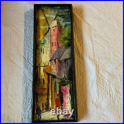VINTAGE 60s abstract original hand painted oil PAINTING bright Paris street pink