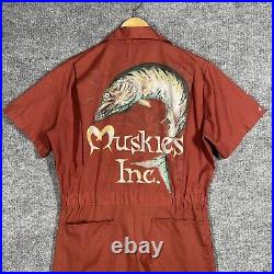 VINTAGE 70s Muskies Inc Hand Painted Advertising Sign Dickies Coveralls Size M