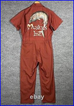 VINTAGE 70s Muskies Inc Hand Painted Advertising Sign Dickies Coveralls Size M