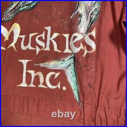 VINTAGE 70s Muskies Inc Hand Painted Advertising Sign Dickies Coveralls Size M