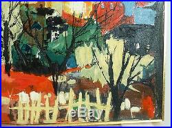 VINTAGE ABSTRACT OIL PAINTING MODERNIST CITYSCAPE Mid Century Modern Signed