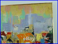 VINTAGE ABSTRACT OIL PAINTING MODERNIST CITYSCAPE Mid Century Modern Signed
