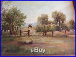 VINTAGE Beautiful Oil Painting SIGNED TEXAS RANCH HORSEBACK RIDER W FRAME RARE