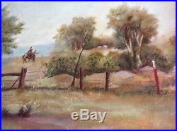 VINTAGE Beautiful Oil Painting SIGNED TEXAS RANCH HORSEBACK RIDER W FRAME RARE