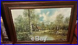 VINTAGE CANVAS OIL PAINTING SIGNED by LORENZ FRAMED HOUSE IN WOODS / WATER