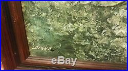 VINTAGE CANVAS OIL PAINTING SIGNED by LORENZ FRAMED HOUSE IN WOODS / WATER