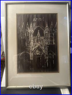 VINTAGE CATHEDRAL Gothic Church WATERCOLOR PAINTING SIGNED WARREN