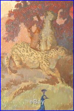 VINTAGE FANTASY O/B SIGNED F. J. M. NUDE WithLYRE LANDSCAPE PEACOCK CHEETAHS MAIDENS