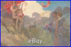 VINTAGE FANTASY O/B SIGNED F. J. M. NUDE WithLYRE LANDSCAPE PEACOCK CHEETAHS MAIDENS