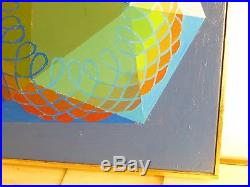 VINTAGE GEOMETRIC ABSTRACT OP ART OIL PAINTING Mid Century Modern Signed