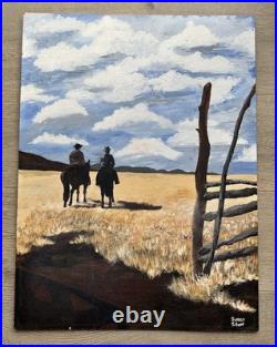 VINTAGE IMPRESSIONISM PAINTING LANDSCAPE American Cowboy Horseback Ranch Farm