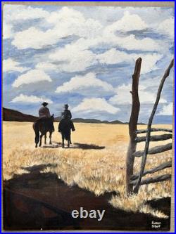 VINTAGE IMPRESSIONISM PAINTING LANDSCAPE American Cowboy Horseback Ranch Farm