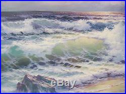 Vintage Large Cailifornia Ocean Sunset Waves Cliffs Seascape Surf Signed Negrete
