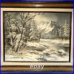 VINTAGE L. HARDING SIGNED OIL ON CANVAS PAINTING SNOWY MOUNTAINS & RIVER 20x16