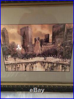 VINTAGE NEW YORK CITY CENTRAL PARK Ice Skating Watercolor Painting. Signed