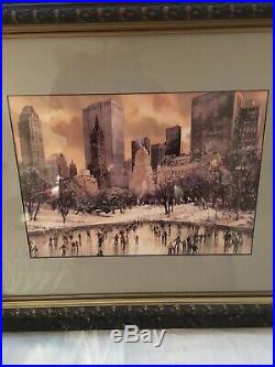 VINTAGE NEW YORK CITY CENTRAL PARK Ice Skating Watercolor Painting. Signed