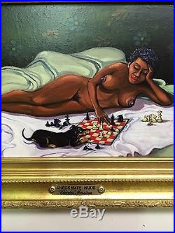 VINTAGE OIL PAINTING O/Canvas African American CHECKMATE NUDE Signed