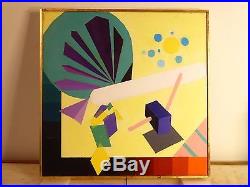 VINTAGE OP ART GEOMETRIC ABSTRACT OIL PAINTING Mid Century Modern Signed